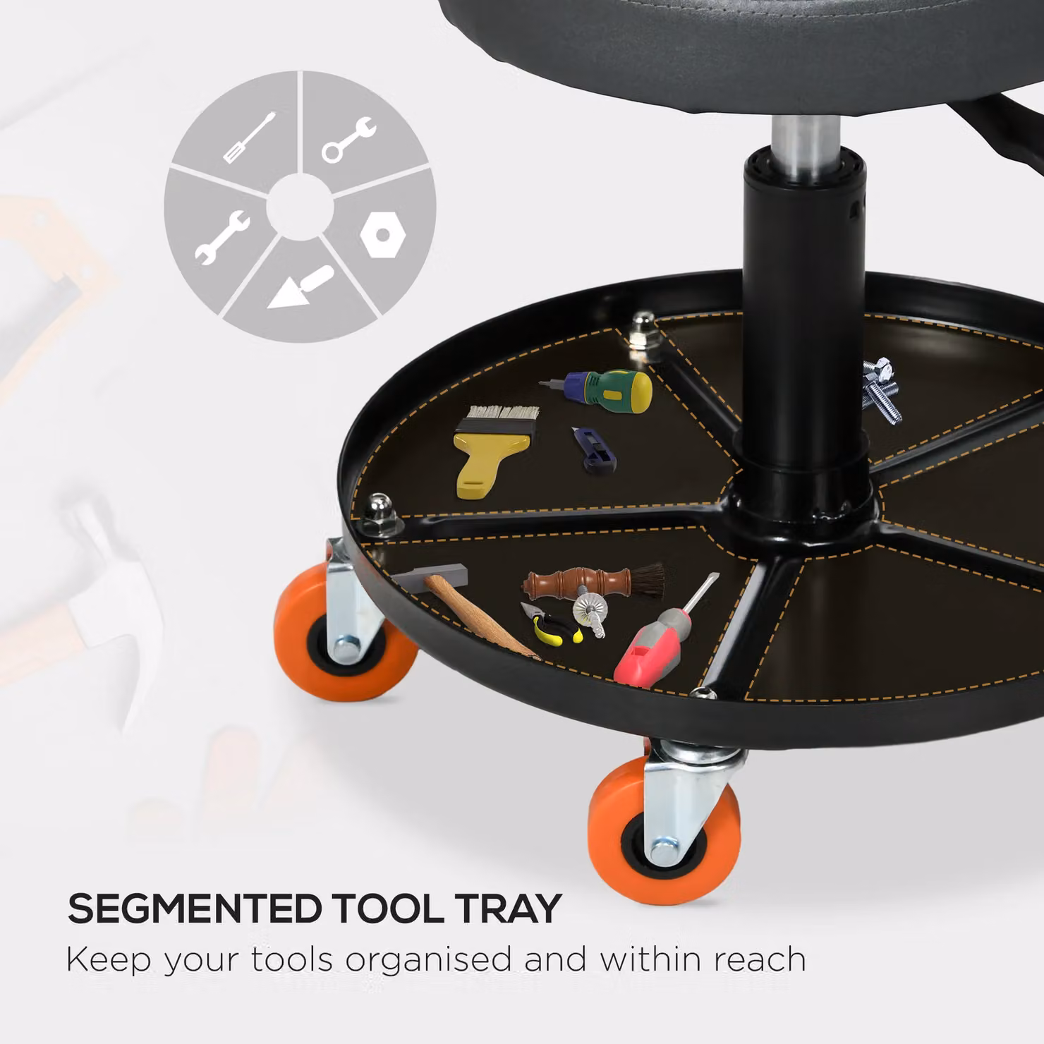 HOMCOM Black Workshop Stool with Pneumatic Adjustable Height, Rolling Castors and Tool Tray – 4
