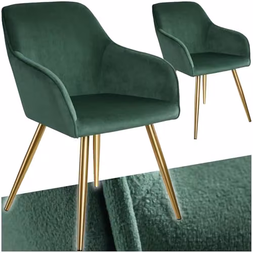 tectake Set of 2 Velvet Look Dining Armchairs with Gold Steel Legs in Dark Green and Gold – 1