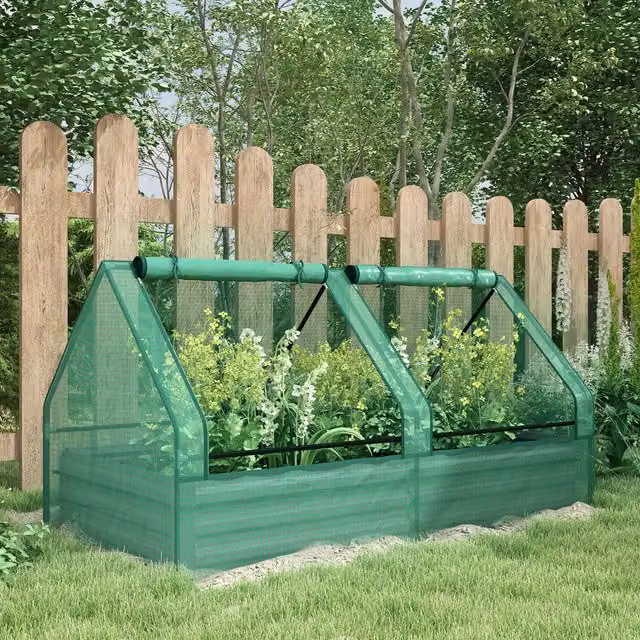 Outsunny Raised Garden Bed Planter Box with Greenhouse in Green and Dark Grey