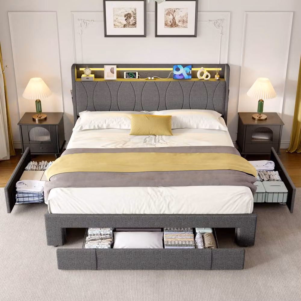 Rolipo Grey Linen Double Upholstered Bed with LED Lighting, Storage Drawers and USB Ports, W/D/H: 140 x 200 cm – 2