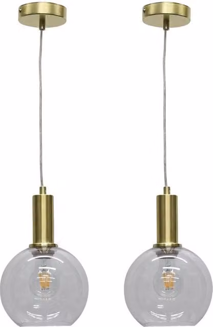 First Choice Lighting Barnum Set of 2 Art Deco Pendant Fittings with Transparent Glass Globes and Satin Brass Finish – 1