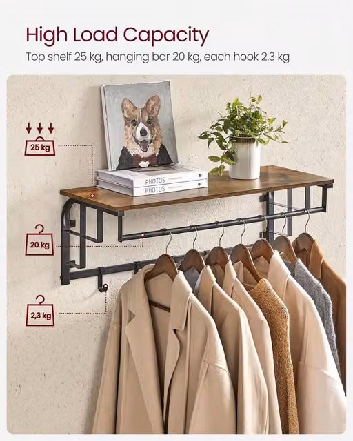 VASAGLE Rustic Bronze and Brown Wall-Mounted Entryway Coat Rack with Dual Hook and Rail Matrix, W/D/H: 60 x 30 x 30 cm