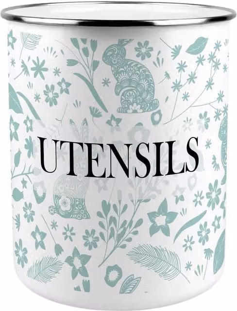 Purely Home Green Wild Rabbits Kitchen Utensil Holder in Ceramic and Enamel