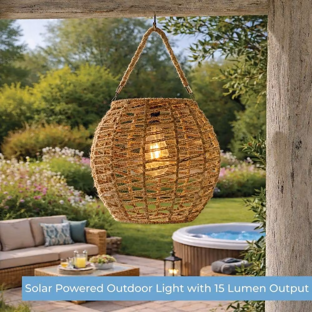 NESTLUNE Solar LED Table Lamp with Brown Rattan Rope Design for Garden, Balcony and Terrace – 3