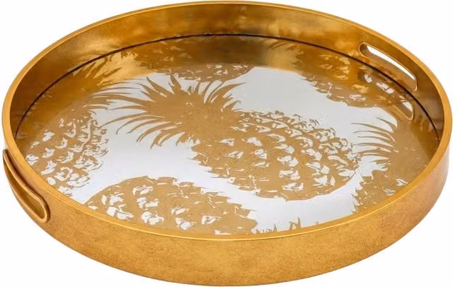 Maison des Cadeaux Gold Pineapple Mirrored Glass and Metal Tabletop Tray
