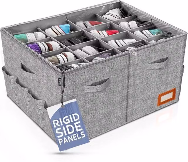EONLION Grey Fabric Shoe Storage Box Organiser with Transparent Zippered Lid, 24 Pair Capacity – 1