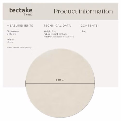 tectake Zonelle Round Fluffy Rug in Beige Polyester, Washable and Non-Slip, Diameter: 120 cm – 2