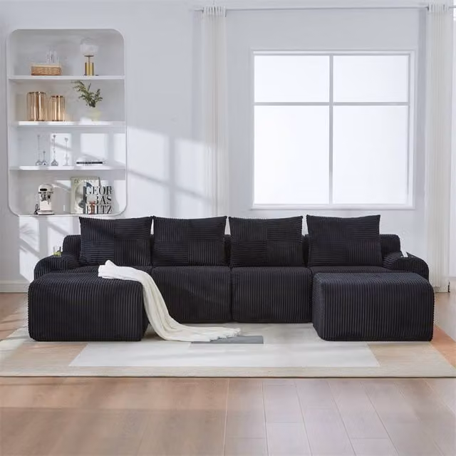 Direct Wicker 4-Seater Modular L-Shape Cord Sofa with 2 Ottomans, Cup Holders and Storage in Black – 1