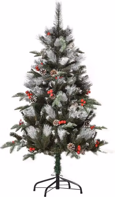 HOMCOM 4ft Artificial Snow Dipped Christmas Pencil Tree with Berries and Pinecones, Green – 1