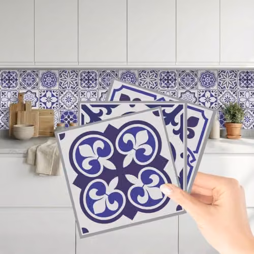 WALPLUS Blue Spanish and Moroccan Geometric Peel and Stick Wall Tile Stickers, 24 Pack, W/D/H: 15 x 15 x 0.15 cm – 1