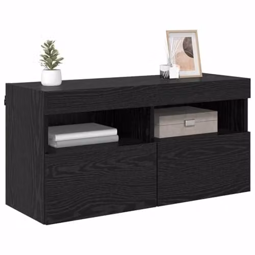 vidaXL Modern Wall-Mounted TV Cabinet in Black with Integrated Lighting and Internal Shelves, W/D/H: 80 x 40 x 40 cm – 1