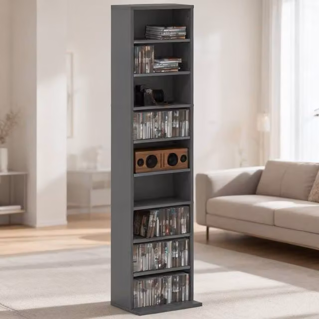ERGOVEXA 260 Narrow CD Storage Unit in Grey with Adjustable Shelves and Media Compartments