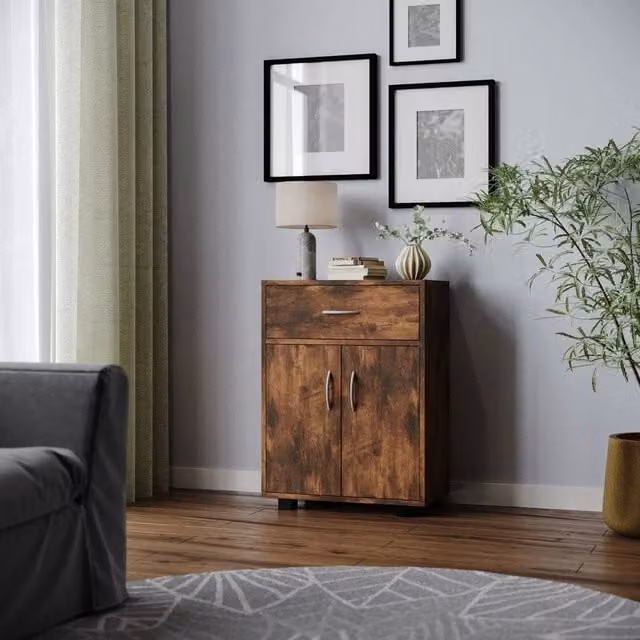 PAWNORA Rustic Brown Wooden Storage Cabinet with Doors, Drawers and Internal Shelves