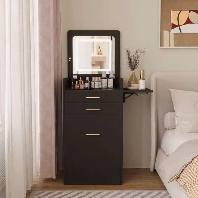 FORGEVIO Black Modern Dressing Vanity Table Set with Hollywood LED Mirror and Folding Glass Top – 1