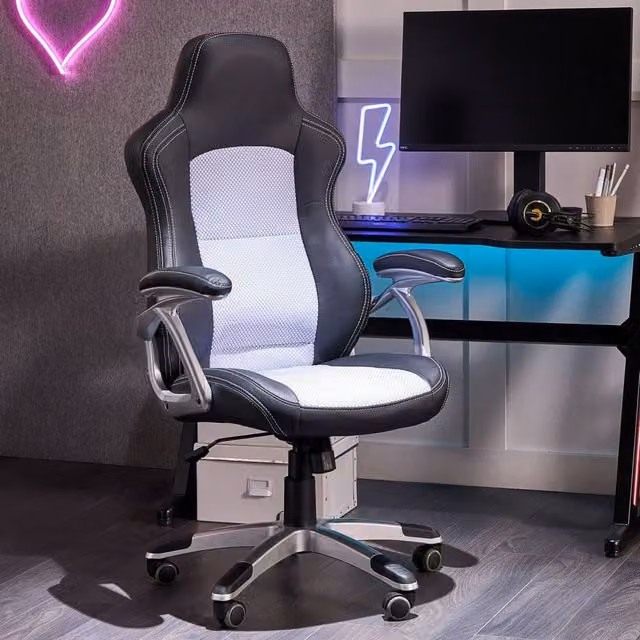 Wyld and Coco Ergonomic Grey Mesh and Faux Leather Office Chair with Headrest and Armrests