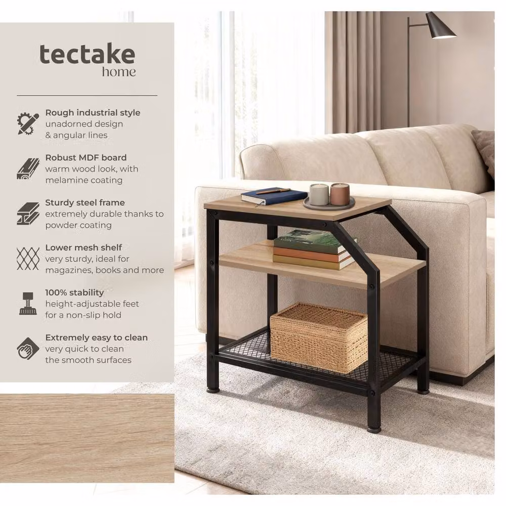 tectake Plymouth Bedside Table in Light Oak with Industrial Metal Frame, W/D/H: 36.5 x 58.5 x 59.5 cm – 8