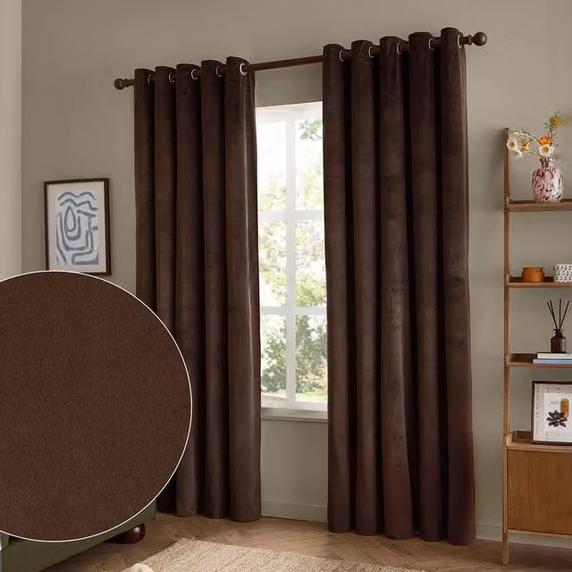 Furn Chocolate Brown Velvet Room Darkening Eyelet Curtain Pair, Width: 117 cm, Drop: 183 cm