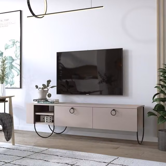 FWStyle Large TV Multimedia Unit with 2 Doors and Open Shelf in Mocha Grey and Black
