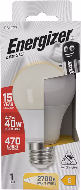 Energizer LED GLS E27 Warm White Light Bulb, 470lm, 2700K, Pack of 1