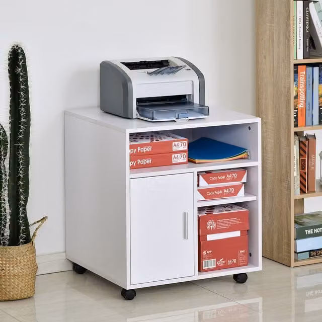 HOMCOM Multi-Storage Printer Unit with 5 Compartments and Wheels, White