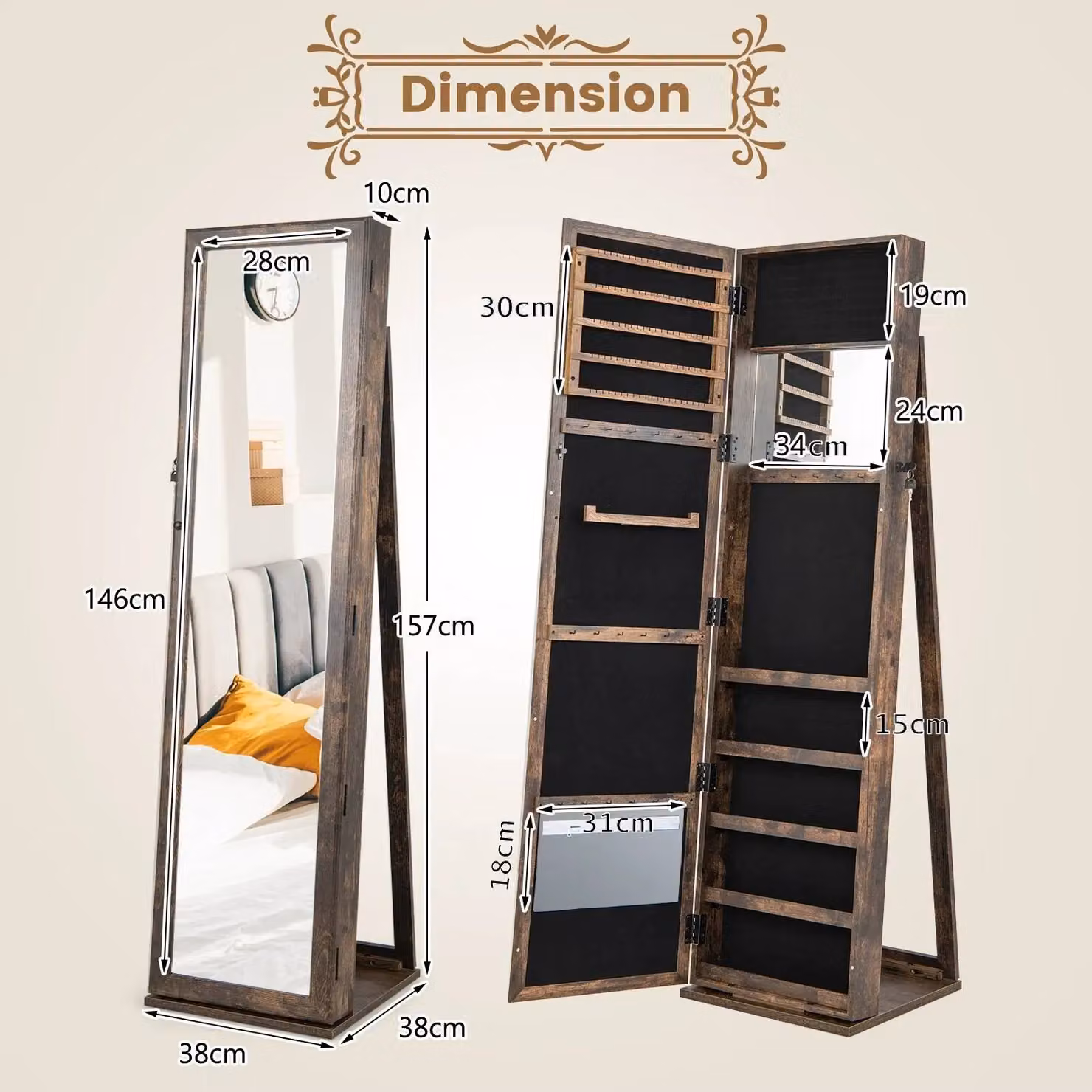 Costway 3-in-1 Brown Rustic Jewelry Armoire with Full-Length Mirror and Lockable Storage Organizer – 2