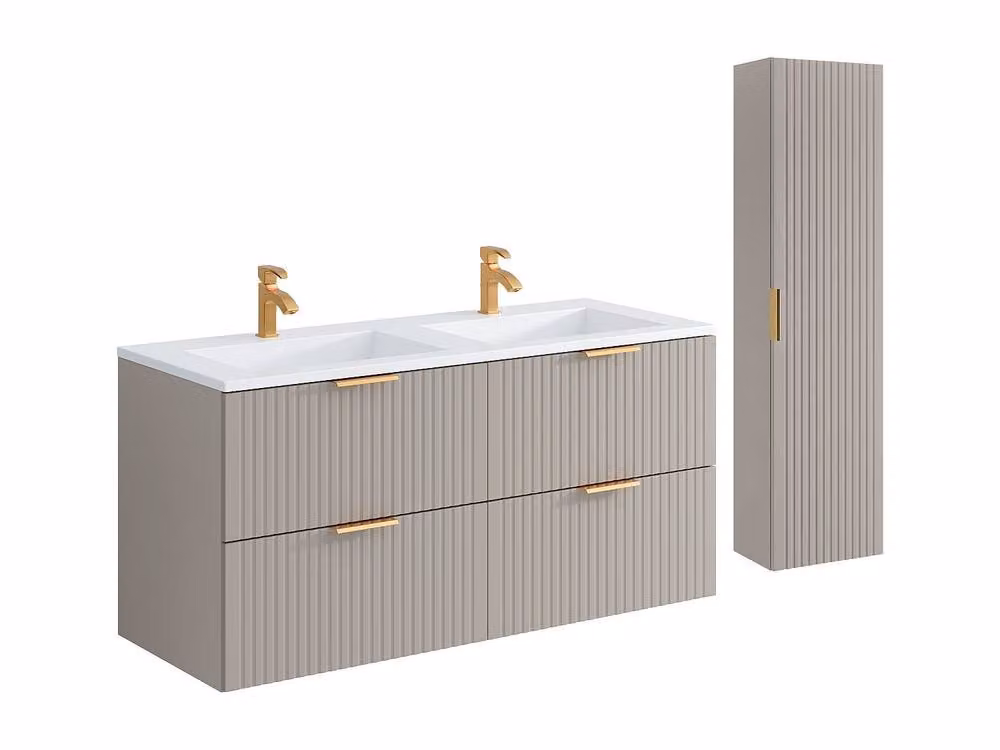 Vente-unique Suspended Striped Bathroom Vanity Unit with Inset Basin and Tall Cabinet in Beige – 2