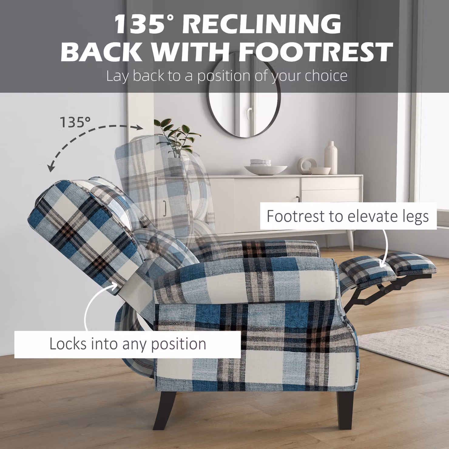 HOMCOM Blue Wingback Reclining Armchair with Integrated Footrest and Wood Legs – 4