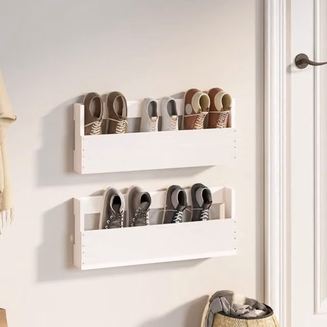 Berkfield Home Wall-mounted Shoe Racks, 2 Piece Set, White Solid Pine Wood, W/D/H: 59 x 23 x 9 cm