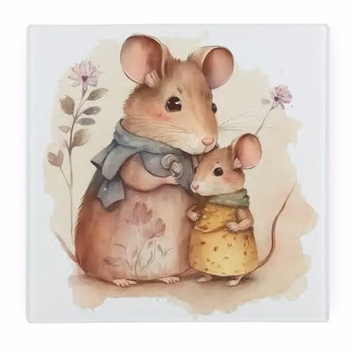 Purely Home Mouse Family Large Square Glass Worktop Protector with Non-Slip Feet, Multicolour, W: 30 cm x D: 30 cm