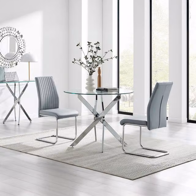 FurnitureboxUK Novara Round Glass Dining Table and 2 Lorenzo Chairs in Grey, Diameter: 100 cm
