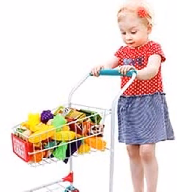DeAO Kids Shopping Trolley and Kitchen Set with Food and Basket in Grey and White