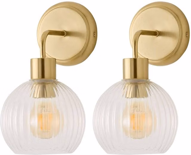 ValueLights Maddison Clear Ribbed Glass Globe Metal Wall Light Fitting in Brushed Gold