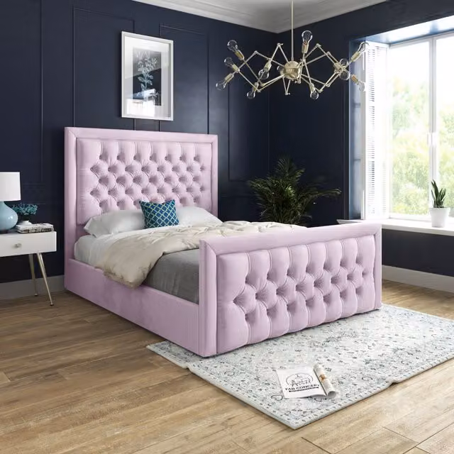 Napster Upholstered Velvet Bed Frame in Pink, Small Double (120 x 200 cm)