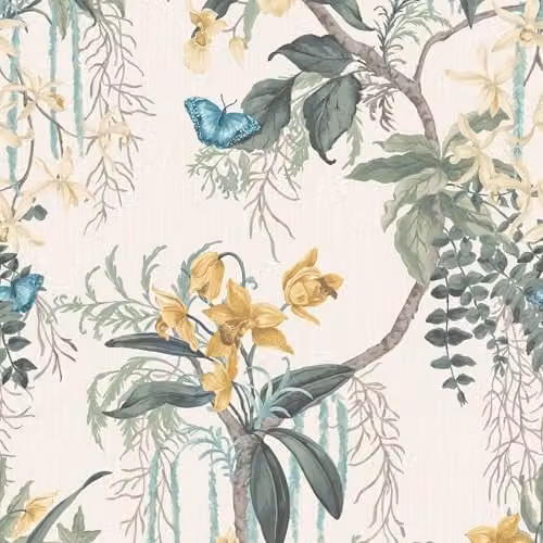 Belgravia Decor Suki Floral Tropical Lush Textured Wallpaper with Butterflies in Green, Yellow and Multicolour