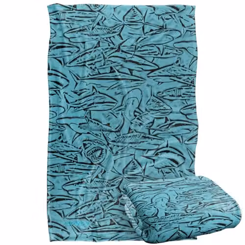 JQ Licensing Royce Mcclure Great White Shark Woodcut Pattern Super Soft Fleece Throw Blanket, Multicolour, W/D/H: 91 x 147 cm