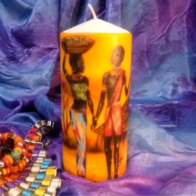 Viki African Beauty Pillar Candle in White and Multicolour