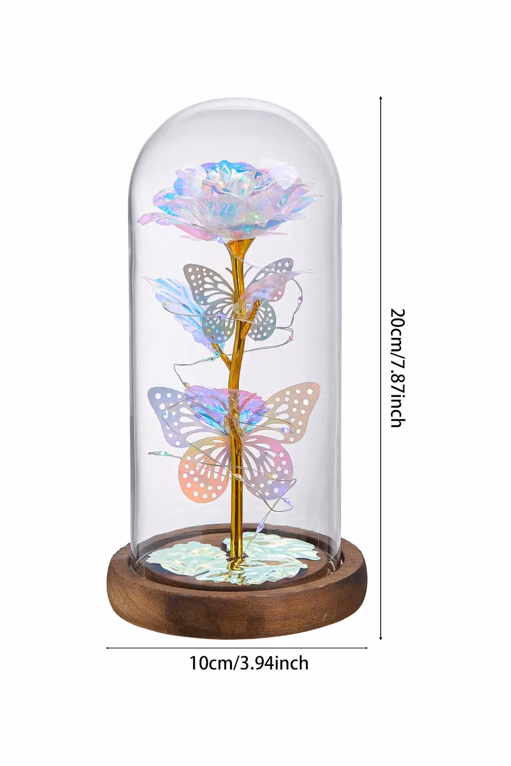 Living and Home Two Butterfly Rose Glass Dome with Wooden Base and Multicolour LED Lighting – 4