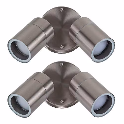 MiniSun Set of 2 Modern Stainless Steel Twin Wall Spotlights in Silver with 3W Warm White LED Bulbs – 1