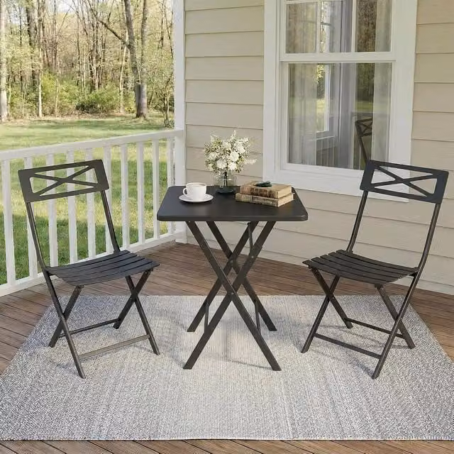 London Boutique 3-Piece Folding Bistro Set with Dining Table and 2 Chairs in Matt Black – 1