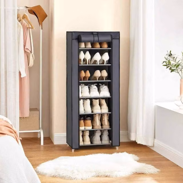 The Bazaarist 7 Tier Grey Fabric Shoe Cabinet with Metal Frame and Roll Shutter Cover