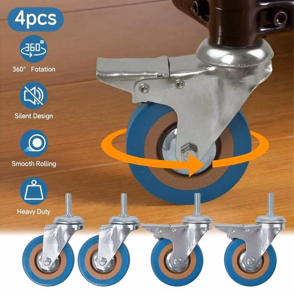 PAWNORA Blue Rubber Swivel Castor Wheels with Threaded Stem, 75mm – 3