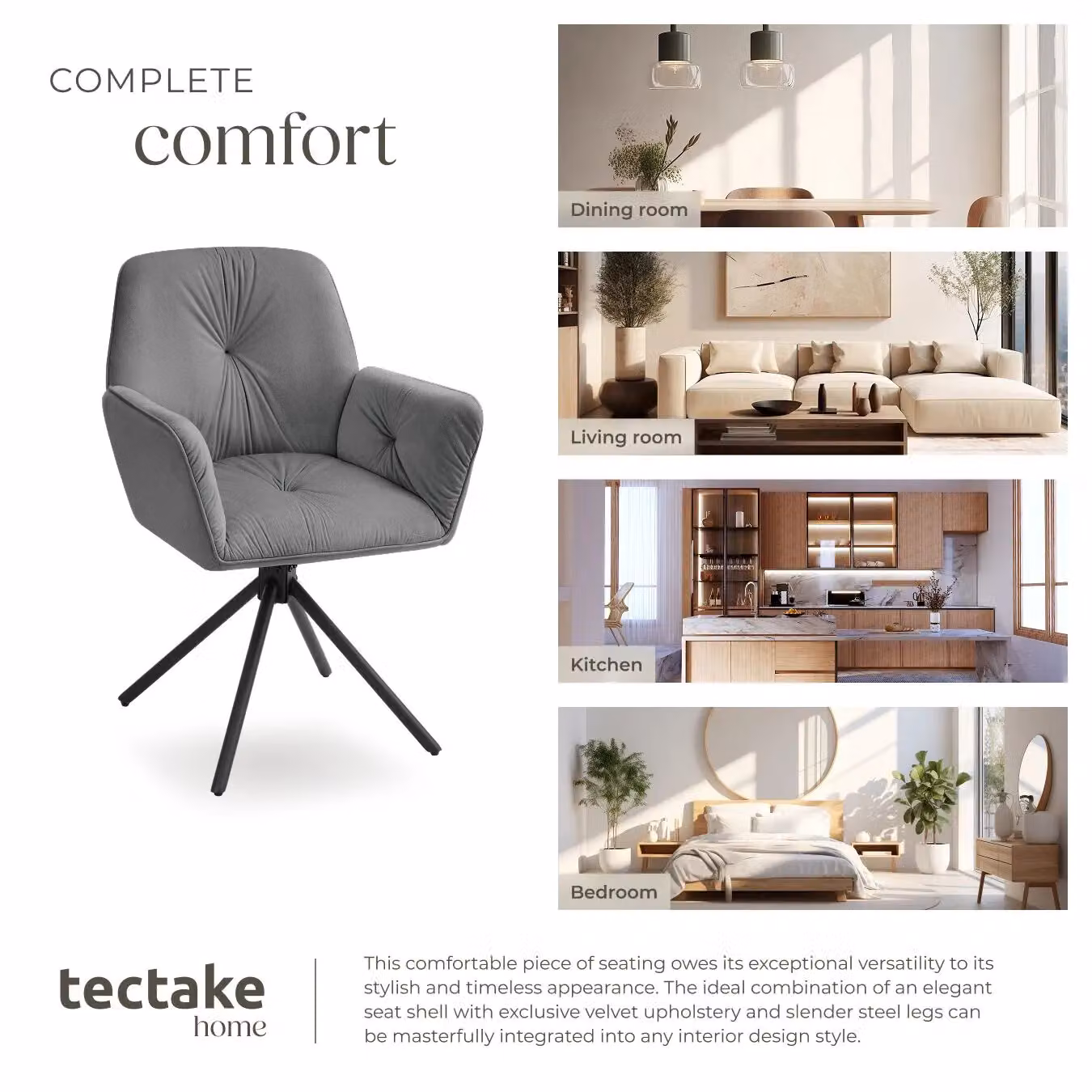 tectake Lenia Set of 2 Swivel Chairs in Dark Grey Velvet Look with Anthracite and Black Accents – 6