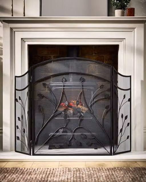 Dibor Vintage Style Leaf Vine Three Fold Fireplace Guard in Black, H60cm x W100cm – 1