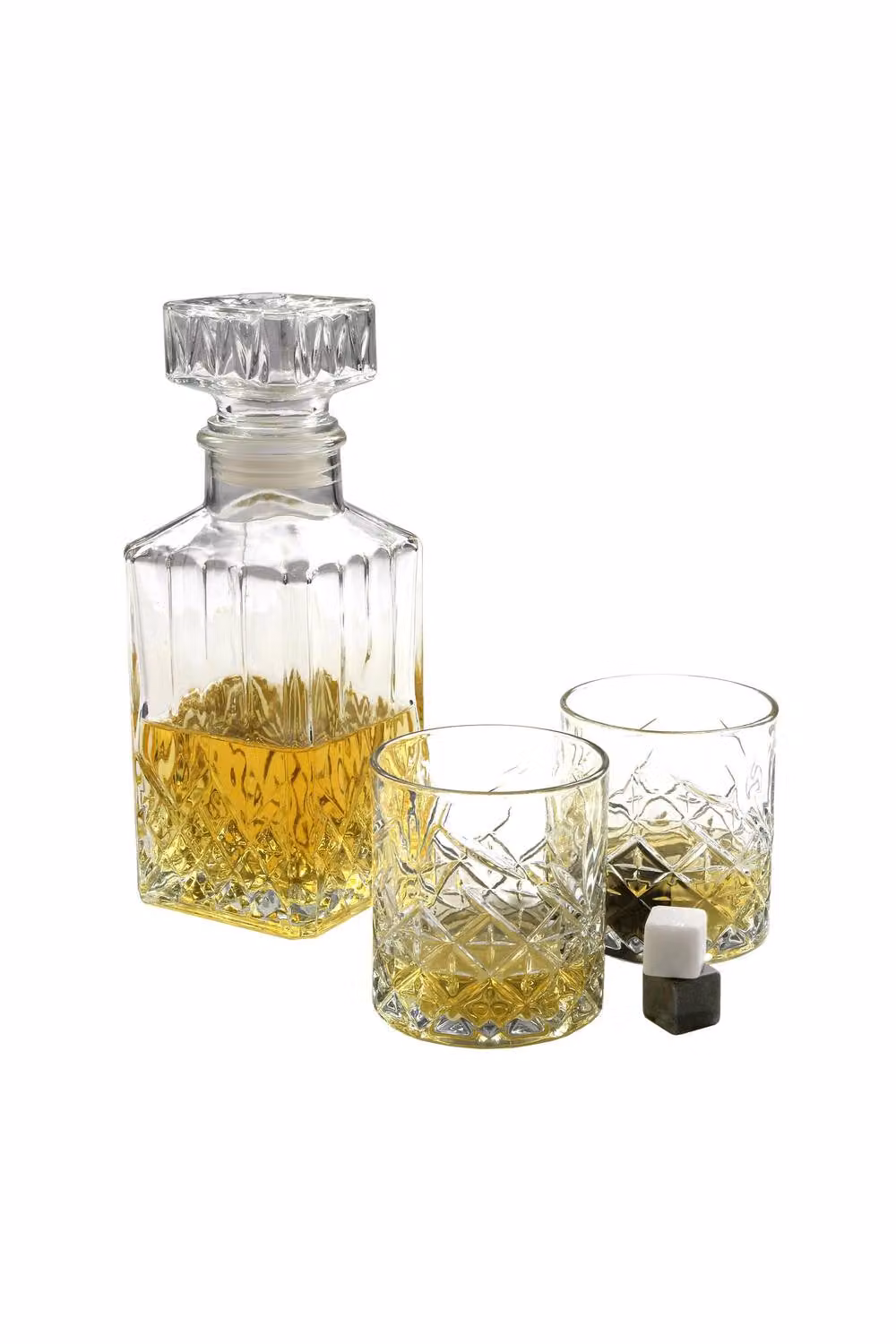 Kimm and Miller Whisky Gift Set with 900ml Geometric Glass Decanter, Glasses and Whisky Stones in Clear – 2