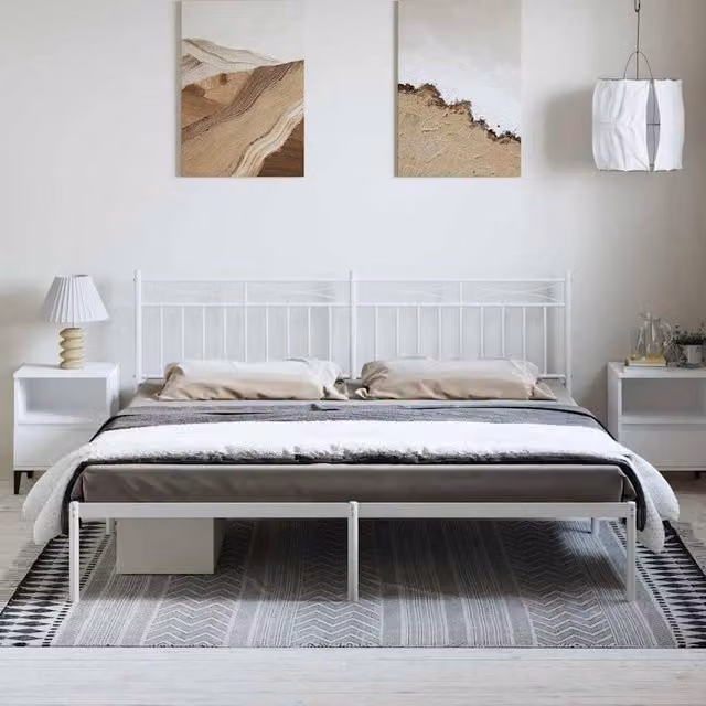 Berkfield Home Metal Bed Frame with Headboard, White, W: 193 cm, D: 198 cm, H: 91 cm – 1