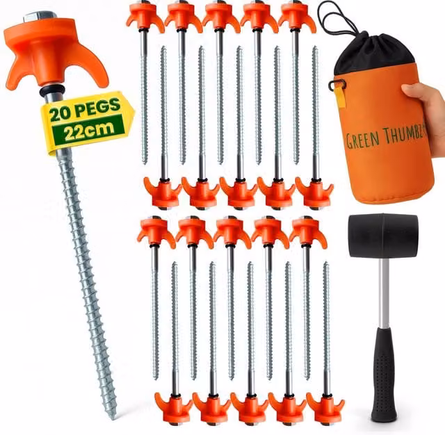 Green Thumbz Heavy Duty Camping Pegs in Orange, Galvanised Steel, 22cm