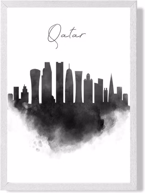ARTZE Qatar Watercolour Skyline City Framed Print with White Frame in Black – 1