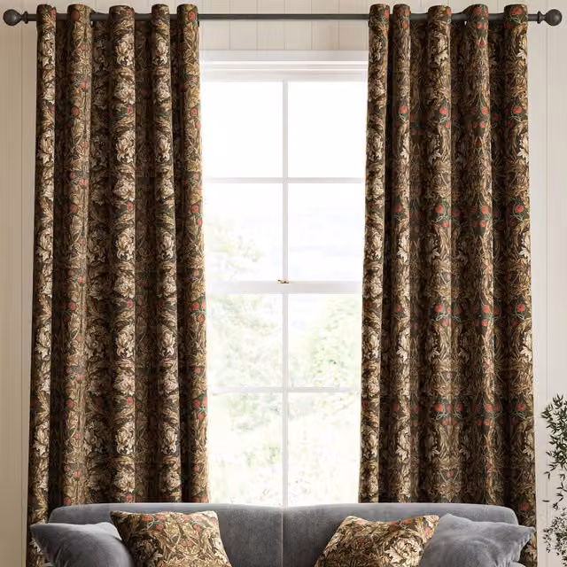 William Morris At Home African Marigold Floral Velvet Made to Measure Eyelet Curtain in Brown and Multicolour