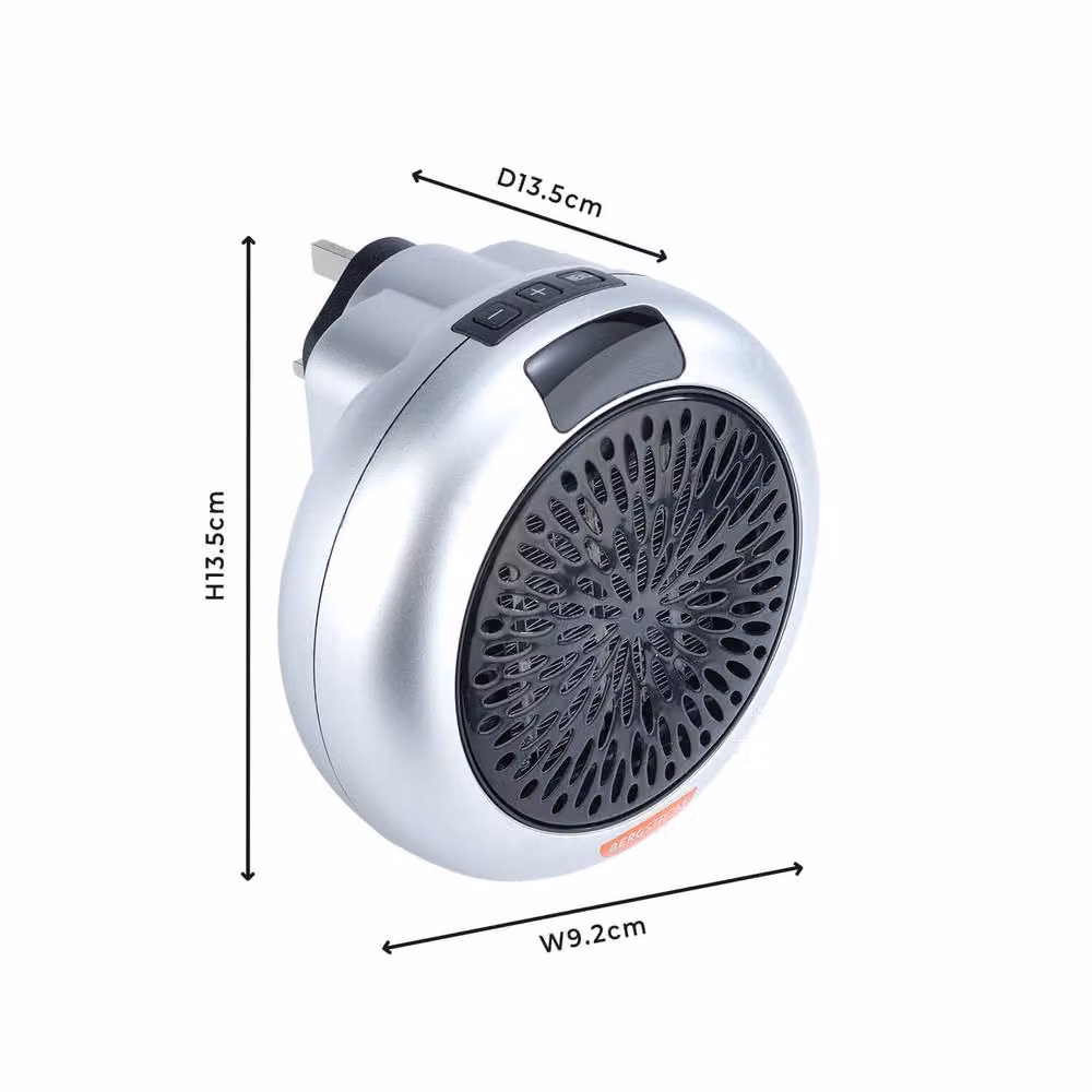 Bergstrom Mini Plug-In Fan Heater in Silver with Adjustable Thermostat and Timer – 7