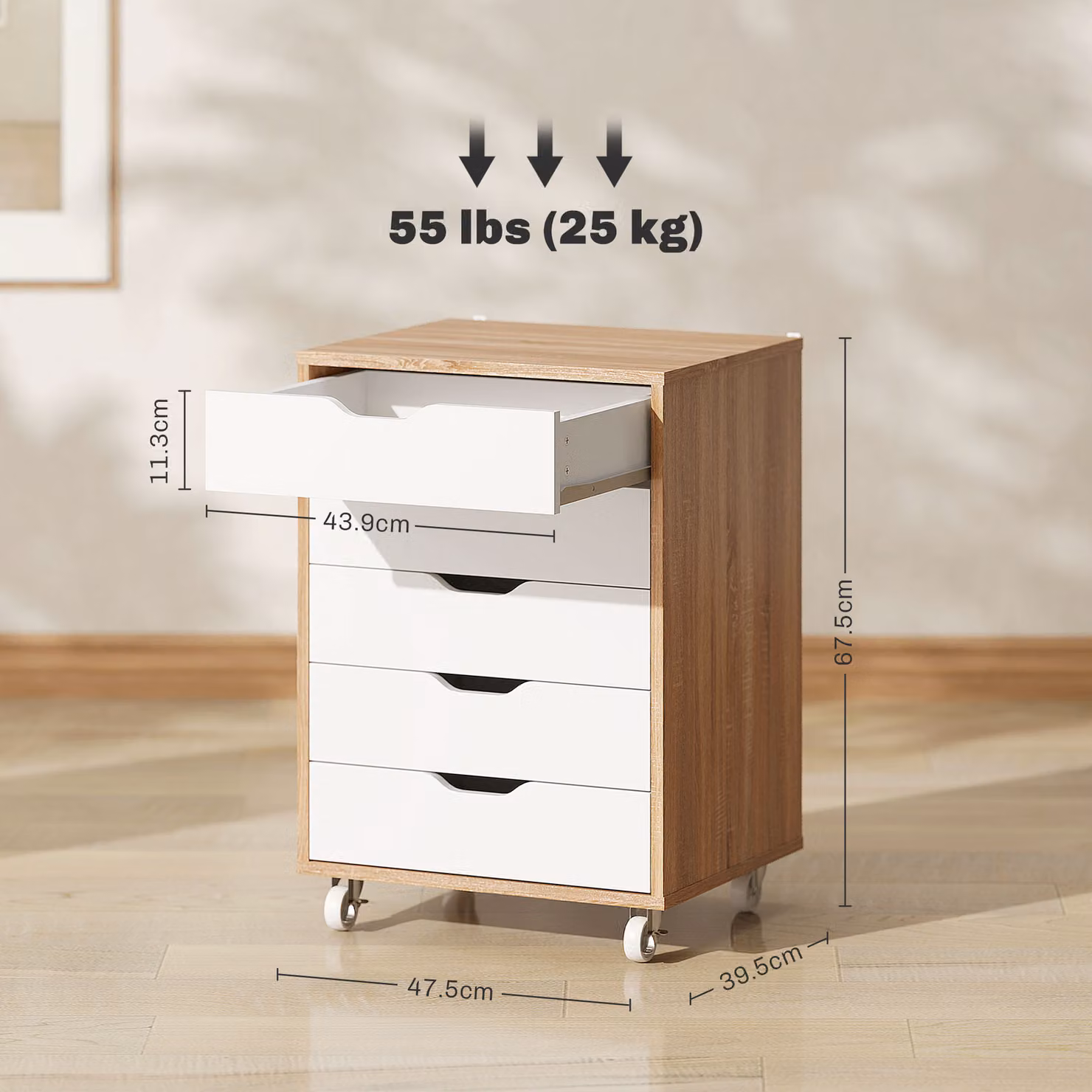 Vinsetto Five-Drawer Filing Cabinet with Wheels in Oak Brown – 3